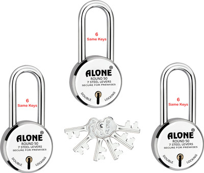 alone Round 50mm Long Neck 6 Same Keys 3 Padlocks for home door gate shutter shop Padlock(S.S, Chrome)