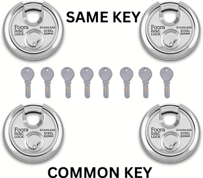 Foora Disc 90mm Shutter/Door Pack of 4 Lock with 8 Hi-Tech Brass Keys Padlock(Silver)