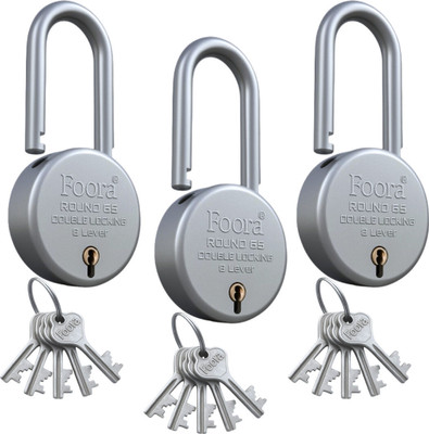 Foora Round 65 LS (Long Shackle) - With 5 Keys | Pack Of 3 Padlock(Silver)