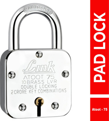 Link Atoot 75mm Lock | Steel Body | Hardened Shackle | Brass Lever | Made in India Padlock(Silver)