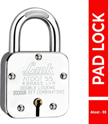 Link Atoot 55mm Lock | Steel Body | Hardened Shackle | Brass Lever | Made in India Padlock(Silver)