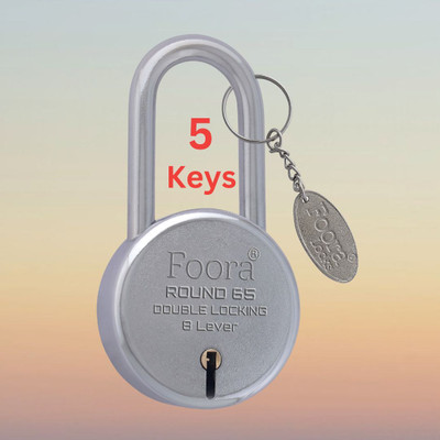 Foora Lock with 5 Keys Round 65mm Long Shackle Padlock for Home, Shutter, Gate, Door U Lock(Silver)