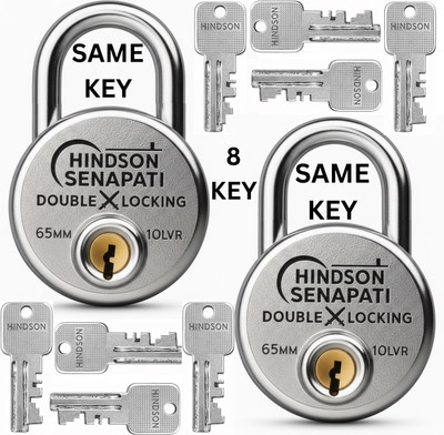 HINDSON 8 Same Keys SENAPATI 65mm Double Locking Pack Of 2 | Lock and Key for Security Padlock(Silver)