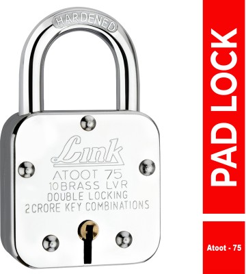 Link Atoot 75mm Lock | Steel Body | Hardened Shackle | Brass Lever | Made in India Padlock(Silver)