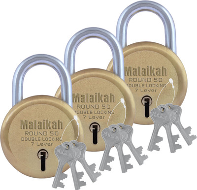Malaikah Gold Round 50mm Double Locking 7 Lever With 3 Keys Round Padlock Padlock(Gold)