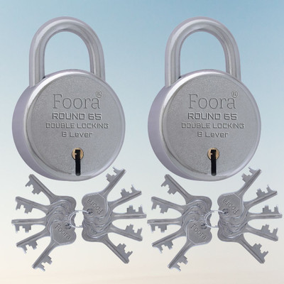 Foora Locks with 10 Key, Buy 1 Get 1 Padlock Round 65mm, Finish, 8 Lever Pack of 2 Padlock(Silver)
