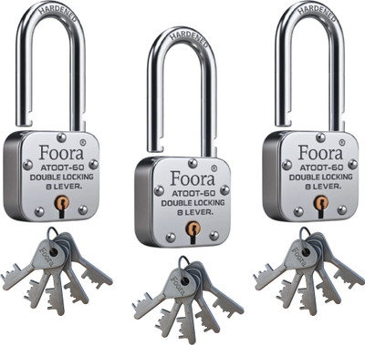 Foora Atoot 60mm Long Shackle Lock with 5 Keys-(Pack Of 3) Padlock(Silver)
