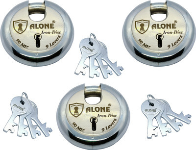 alone Iron Disc 90mm 4 Keys with Each 3 Padlocks Lock-Round 9 Levers with Pack of 3 Lock(Iron)