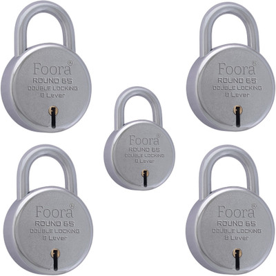 Foora Round 65 with 5 keys, Double Locking ( 65mm , Silver , Pack of 5 ) Padlock(Silver)
