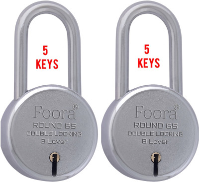 Foora Pack 2 Round 65 Long Shackle lock with 5 keys Each, Double Locking Technology Padlock(Silver)