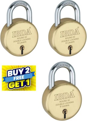 IBDA Pack of 3 |small lock & key|Double Locking|6 Levers| Rivetless Steel Body Padlock(Gold)