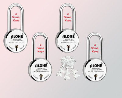 alone Round 65mm Long Neck 3 Same Keys 4 Padlocks for home door gate shutter shop Padlock(S.S, Chrome)