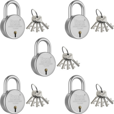 Foora Round 50 Small Lock – with 5 Keys (Pack of 5) Padlock(Silver)