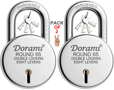 Indora Round 65mm Pro lock | Hardened Shackle | Double Locking | 8 Lever (Pack of 2) Padlock(Silver)