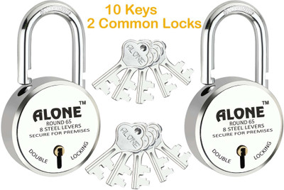 alone Round 65mm Lock for Home Gate Shop & Shutter, 10 Same Keys 2 Lock (pack 2) Padlock(Chrome)