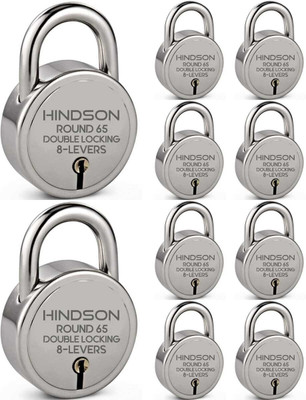 HINDSON Round 65mm Double Locking, 8 Levers with 3 Iron Key Lock , Pack of 10 Padlock(Silver)
