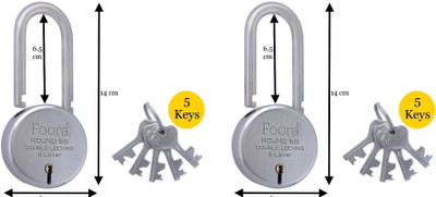 Foora (Pack of 2) Round 65 LS with 5 Keys Each, Long Shackle, Double Locking Padlock(Silver)