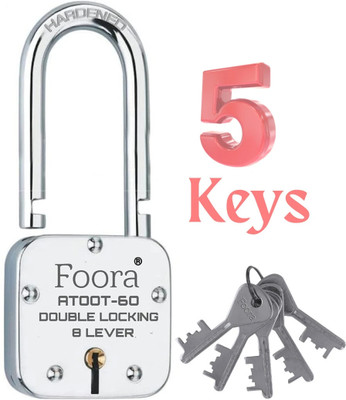 LINK O LINE Foora lock 5 Keys Lock ATOOT 60mm, Long Hardened Shackle, Double Locking Padlock(Silver)