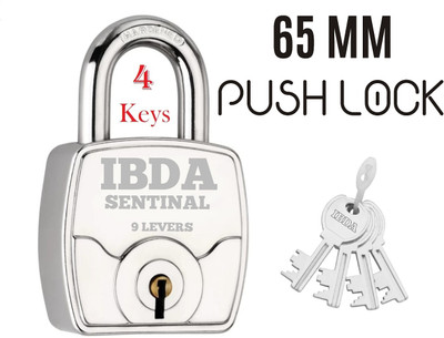 IBDA square 65mm lock and key | Push Lock Technology | 9 Levers| Rivetless Steel Body Lock(Silver)