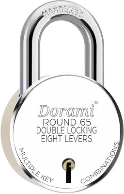 Indora Round 65mm Steel Shackle Lock 4 Keys 8 Lever Locks for main door home R65_17 Padlock(Silver)