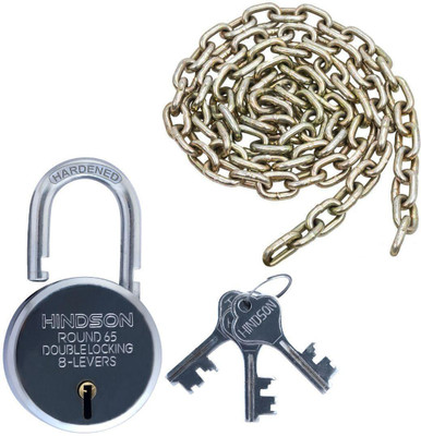 HINDSON Round 65mm 8 Levers with 3 Keys Padlock Silver Finish Lock With Chain Padlock(Silver)