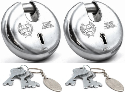HARRISON Round Padlock 90mm 8 Lever with 3 Keys JAMA-0022 Pack of 2/ Steel Material Padlock(Silver)