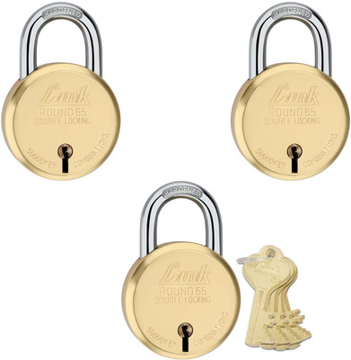 Link 8 Levers 65mm Round Brass Body| Hardened Shackle|Double Locking (Pack 3) Padlock(Gold)