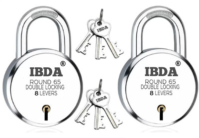 IBDA Lock Round 65mm 2 Pcs. | Double Locking | 8 Levers' Technology | Rivetless Steel Padlock(Silver)