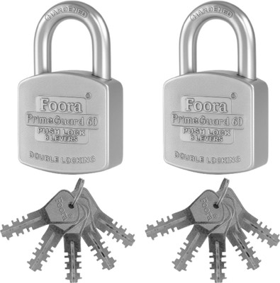 Foora Primeguard 60 Push Lock (Pack Of 2) with 5 Keys – Heavy Duty Security Padlock Padlock(Silver)