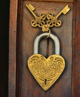 Quickcollection Heart Shape Brass Padlocks Security Lock Hand Carved Metal With 2 Key Lock(Gold)