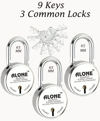 alone Special Round 65mm Lock for Home,Shop & Shutter, 9 Same Keys 3 Locks (pack 3) Padlock(Chrome)