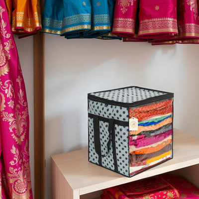 AMAK INC Polka Dot Non-Woven Saree Cover Storage Box with Transparent Window & Dual Zipper | Foldable Cloth Organizer for Wardrobe (90 GSM, Large, Pack of 1 SFXF590 Luggage Cover(Non-Woven Fabric (90 GSM), White, Black)