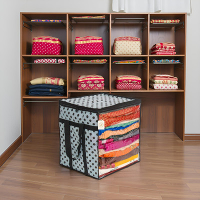 AMAK INC Polka Dot Non-Woven Saree Cover Storage Box with Transparent Window & Dual Zipper | Foldable Cloth Organizer for Wardrobe (90 GSM, Large, Pack of 1 SFXF575 Luggage Cover(Non-Woven Fabric (90 GSM), White, Black)
