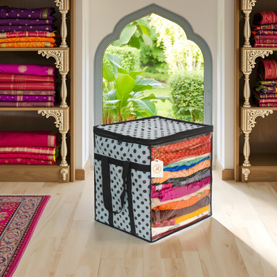 AMAK INC Polka Dot Non-Woven Saree Cover Storage Box with Transparent Window & Dual Zipper | Foldable Cloth Organizer for Wardrobe (90 GSM, Large, Pack of 1 SFXL461 Luggage Cover(Non-Woven Fabric (90 GSM), White, Black)
