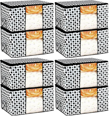 Mteaser 08 Polka Dots Design Non Woven 8 Pieces Underbed Storage Bag , Cloth Organiser, Blanket Cover with Transparent Window (Black & White) (Black)(Black)