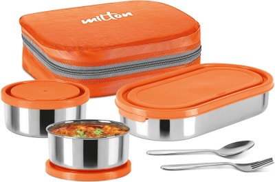 MILTON Cubite Stainless Steel Tiffin With Jacket, Spoon & Fork, Orange 3 Containers Lunch Box(1032 ml)