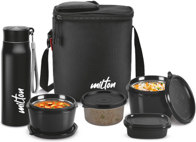 MILTON Max Meal 2Microwave Safe Inner Steel & 1 Plastic Containers, Bottle, 1 Small Box 4 Containers Lunch Box(450 ml)
