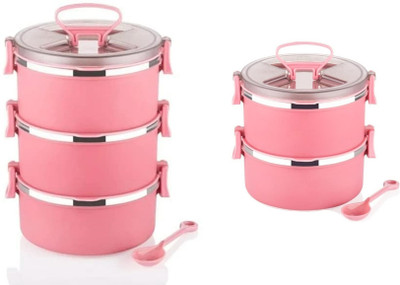 Analog Kitchenware 2 & 3 Compartment Plastic Inner SS School/College/Office Lunch Box-600 ML&900 ML 5 Containers Lunch Box(900 ml)