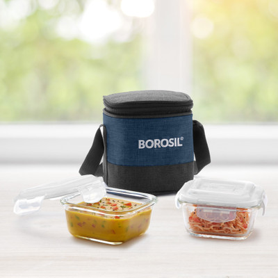 BOROSIL Lunch Box with Bag, Set of 2 (320 ml x 2), Office Tiffin, Square 2 Containers Lunch Box(640 ml)
