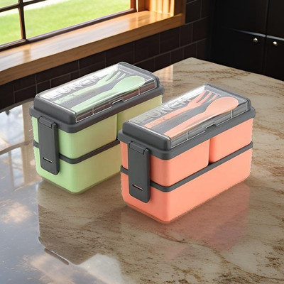 MAHADEV 3 Compartment Plastic Lunch Box | Leakage Proof 2 Containers Lunch Box(1200 ml)