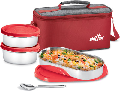 MILTON Steel Champ 2 Round Inner Steel Containers 340ml each & Oval 450ml, Cutlery Red 3 Containers Lunch Box(450 ml, Thermoware)