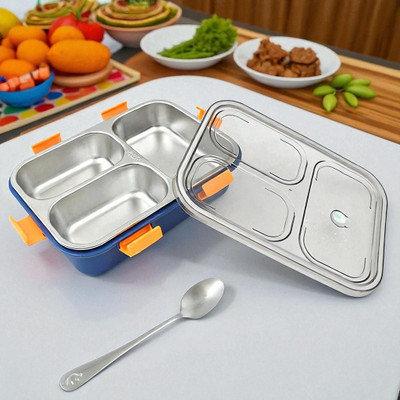Colorbee Innovative Flip-Lid Stainless Steel Lunch Box with 3 Leakproof Compartments 3 Containers Lunch Box(750 ml, Thermoware)