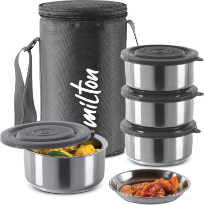 MILTON Ambition 4 Stainless Steel Tiffin, 300 ml Each with Jacket, Black 4 Containers Lunch Box(1200 ml)