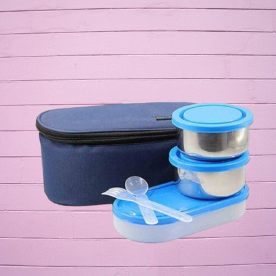 Hriday Lunch Box 3 containers 600ml Blue 016 3 Containers Lunch Box(1 L)