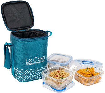 Le Casa Fresh Bite Set of 3 - 320ML Each |Square Container Lunch Box with Bag & 1 Spoon| 3 Containers Lunch Box(320 ml)