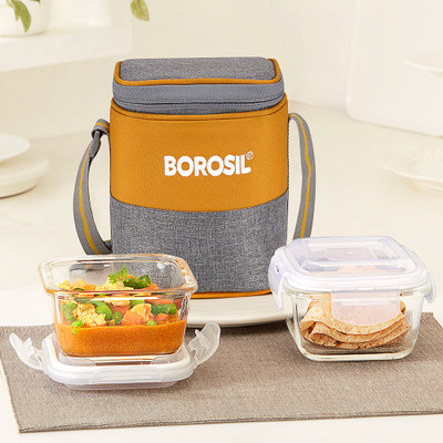 BOROSIL Zest Glass Lunchbox, 2 pc Square Set (320 ml Each), Vertical Tiffin 2 Containers Lunch Box(640 ml)