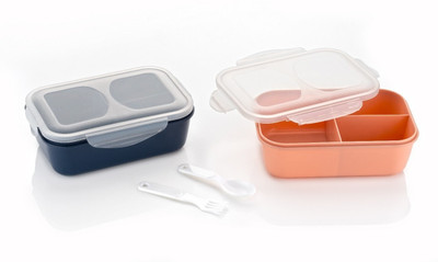 MAGICSPOON 3 Section Lunch Box with Spoon & Fork with Air Tight Lid (Blue,Orange,1200 ml) 2 Containers Lunch Box(1200 ml)