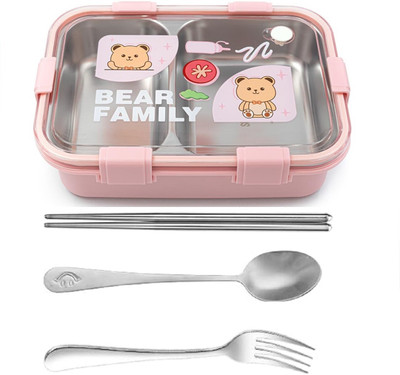 RBGIIT Bear Print Bento Lunch Box with Spoon Fork Chopsticks, BPA-Free Plastic 2 Containers Lunch Box(750 ml, Thermoware)