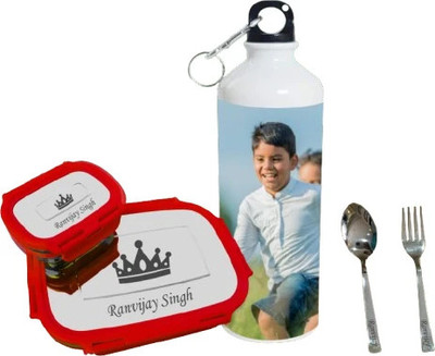 Savri Steel Lunch box with Spoon & Fork with name & Character engraved & Bottle 2 Containers Lunch Box(950 ml)
