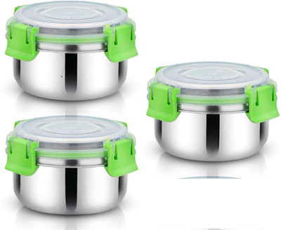 Modern Essentials Stainless Steel Airtight Lid Container With 4 Side Clip Lock Container/Lunch Box 3 Containers Lunch Box(300 ml)